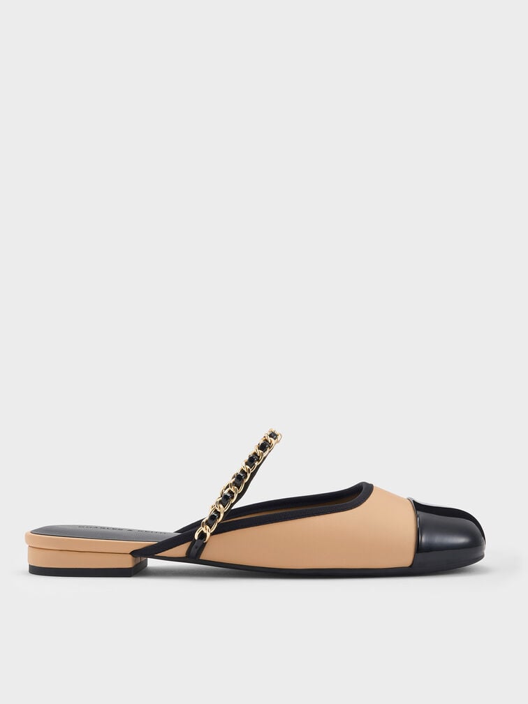 Patent Two-Tone Chain-Strap Mules, Sand, hi-res