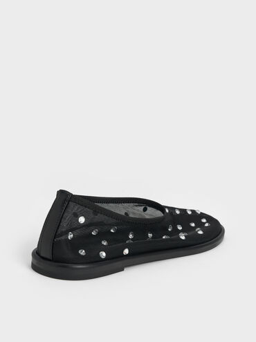 Mesh Gem-Embellished Ballet Flats, Black Textured, hi-res