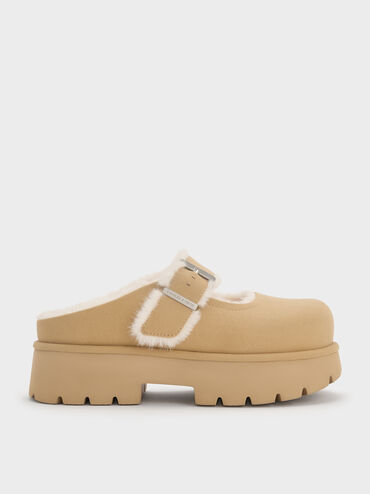 Bergen Textured Fur-Trim Buckled Platform Mules, Sand, hi-res