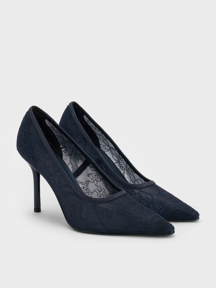 Lace & Satin Stiletto Pumps, Dark Blue, hi-res