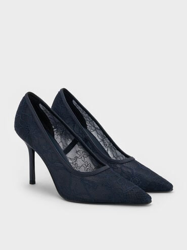 Lace & Satin Stiletto Pumps, Dark Blue, hi-res