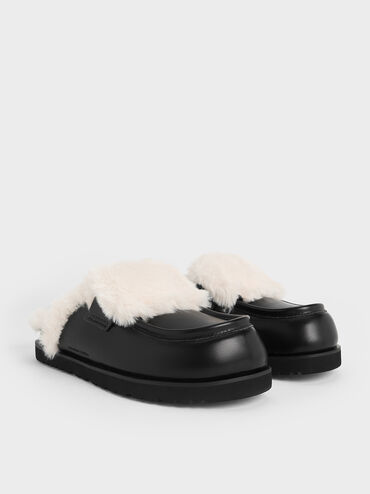Fur-Trim Flatform Mules, Black, hi-res