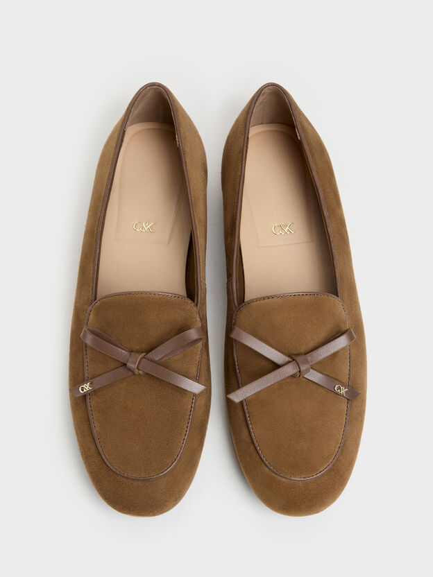 Leather & Suede Bow Loafers, Brown, hi-res