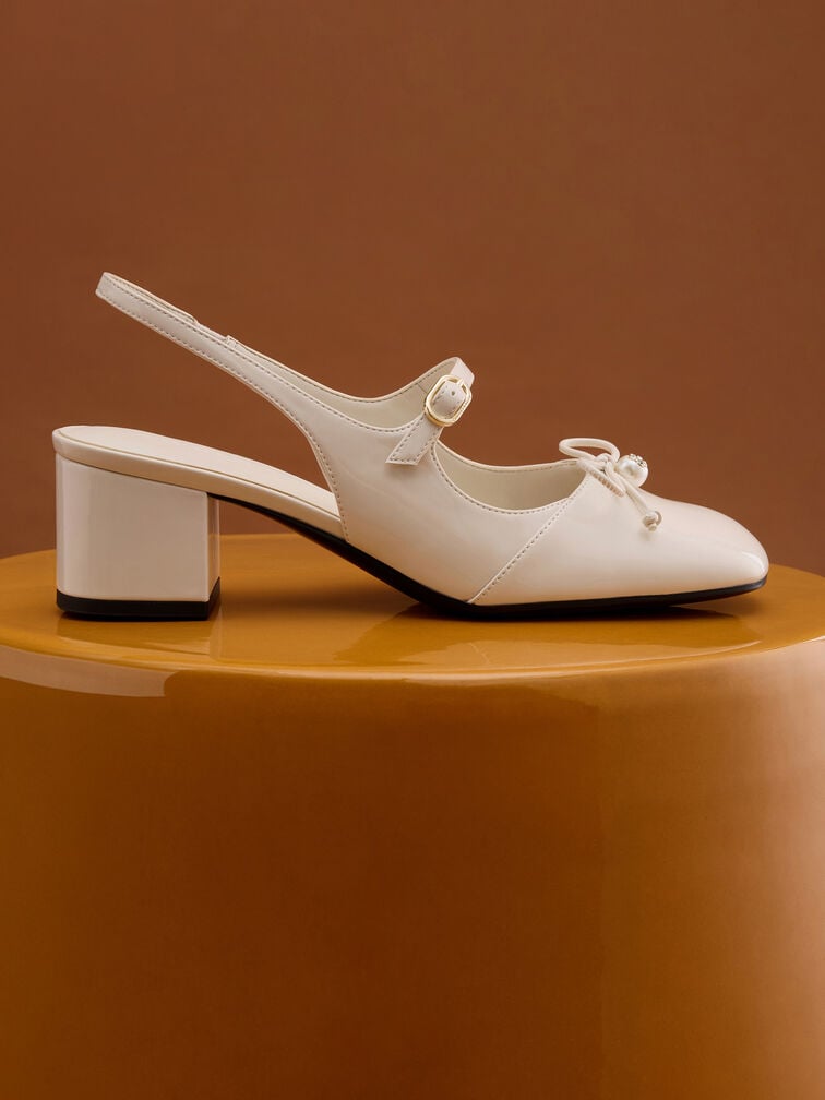 Patent Bow Crystal-Pearl Slingback Mary Jane Pumps, Chalk, hi-res