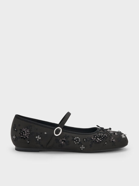Sadira Satin Embroidered Sequinned Mary Jane Flats, Black Textured, hi-res