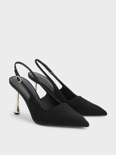 Faux Suede Sculptural-Heel Pointed Pumps, Black Textured, hi-res