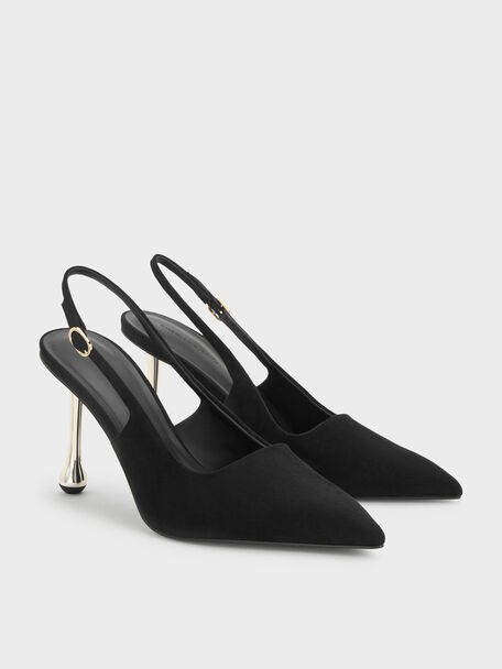Faux Suede Sculptural-Heel Pointed Pumps, Black Textured, hi-res