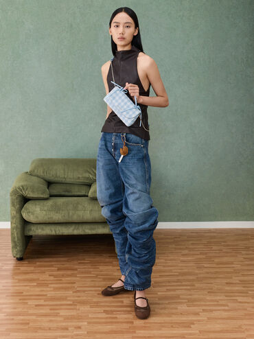 Hazel Gingham Bow Wallet On Chain, Gingham Blue, hi-res