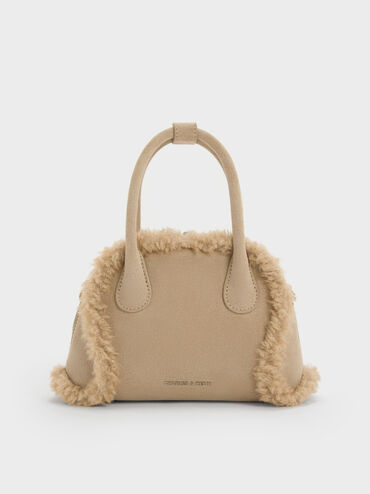Nelly Recycled Suede & Faux Shearling Bowling Bag, Nutmeg Beige, hi-res