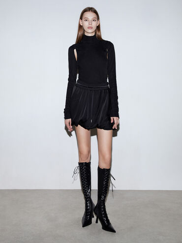 Lace-Up Pointed-Toe Knee-High Boots, Black, hi-res