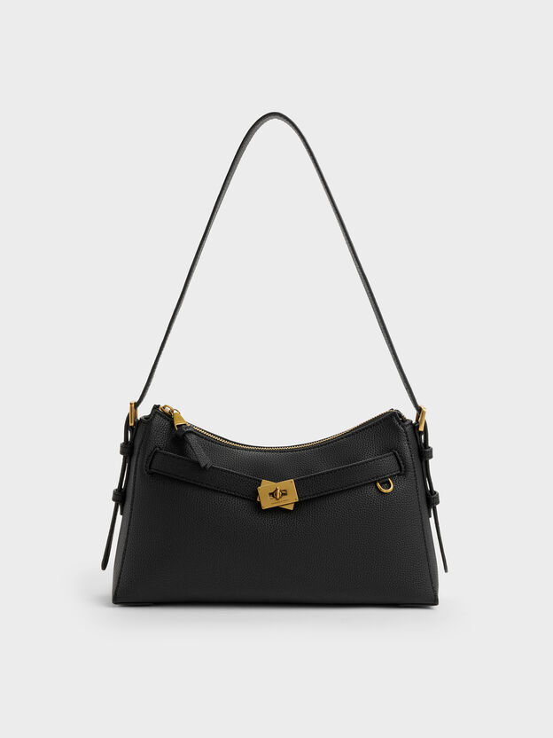 Dinora Belted Shoulder Bag, Black, hi-res