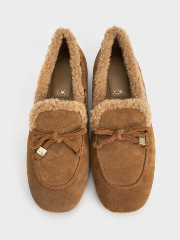 Gavyn Suede Shearling-Lined Boat Shoes, Brown, hi-res