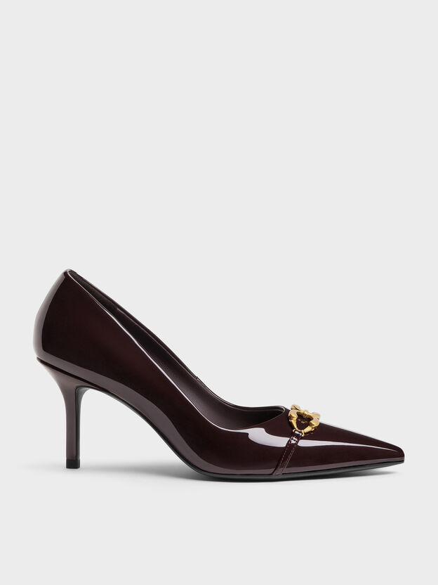Patent Metallic-Buckle Pointed Pumps, Burgundy, hi-res