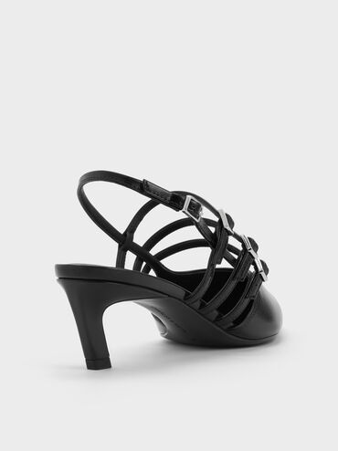 Patent Triple-Strap Pointed-Toe Kitten-Heel Slingback Pumps, Black Patent, hi-res