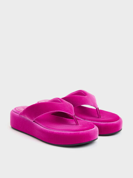 Velvet Flatform Thong Sandals, Fuchsia, hi-res