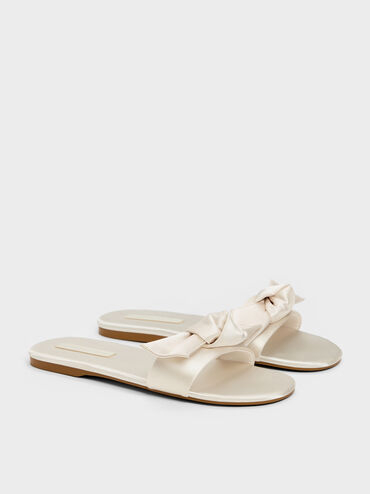 Anika Satin Knot-Bow Slide Sandals, Chalk, hi-res