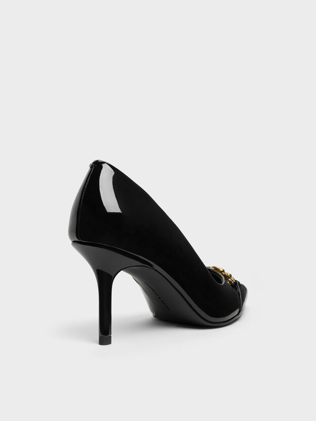 Patent Metallic-Buckle Pointed Pumps, Black Patent, hi-res