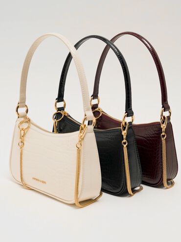 Elspeth Croc-Effect Chain-Link Shoulder Bag, Black Croco, hi-res