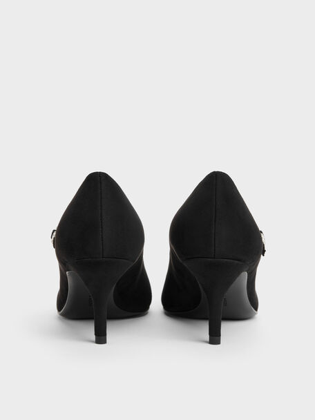 Faux Suede Asymmetric-Strap Pumps, Black Textured, hi-res