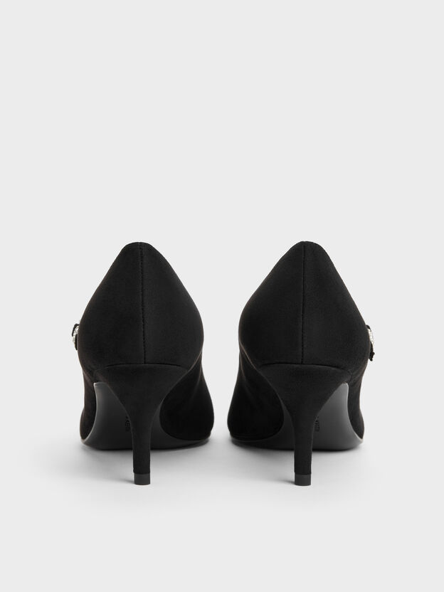 Faux Suede Asymmetric-Strap Pumps, Black Textured, hi-res