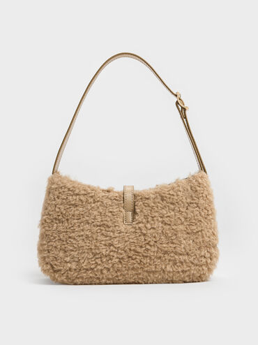 Cesia Faux Shearling Metallic-Accent Shoulder Bag, Nutmeg Beige, hi-res