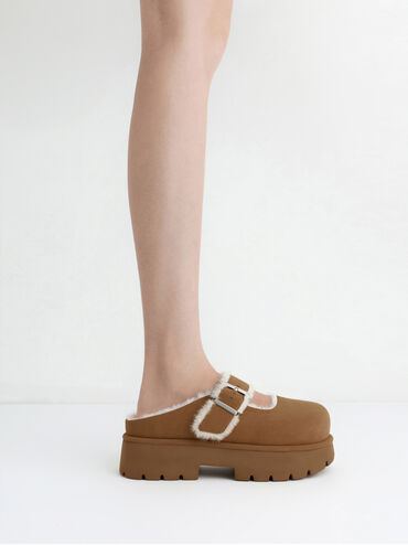 Bergen Textured Fur-Trim Buckled Platform Mules, Brown, hi-res
