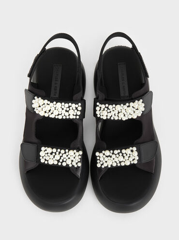 Beaded-Strap Sports Sandals, Black Textured, hi-res