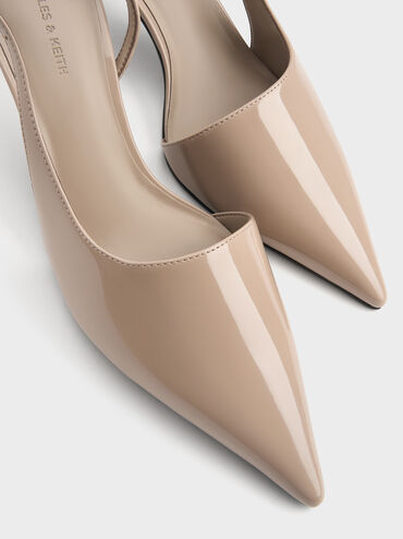 Patent Stiletto-Heel Pointed-Toe Slingback Pumps, Taupe, hi-res