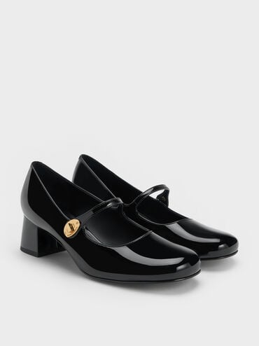 Hettie Patent Metallic-Buckle Block-Heel Mary Janes, Black Patent, hi-res