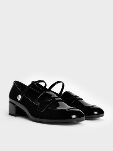 Patent Pearl-Embellished Flower-Buckle Mary Jane Loafers, Black Patent, hi-res