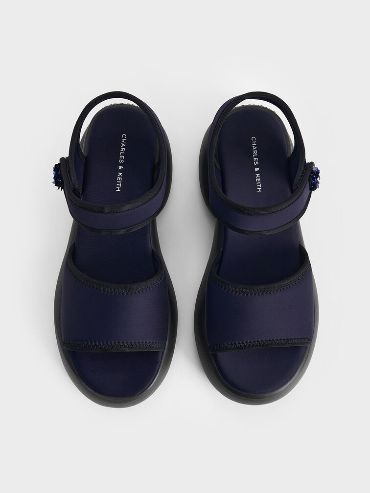 Flower-Buckle Platform Sports Sandals, Dark Blue, hi-res