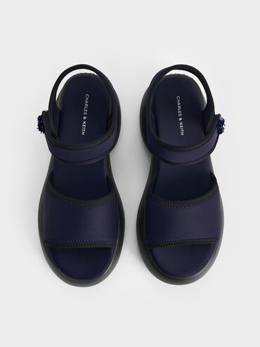 Flower-Buckle Platform Sports Sandals, Dark Blue, hi-res