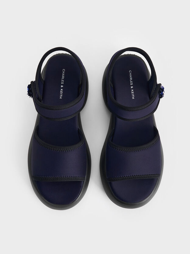Flower-Buckle Platform Sports Sandals, Dark Blue, hi-res