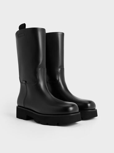 Double Pull-Tab Calf Boots, Black, hi-res