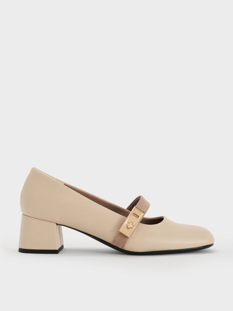 Lando Two-Tone Metallic-Buckle Mary Jane Pumps, Chalk, hi-res