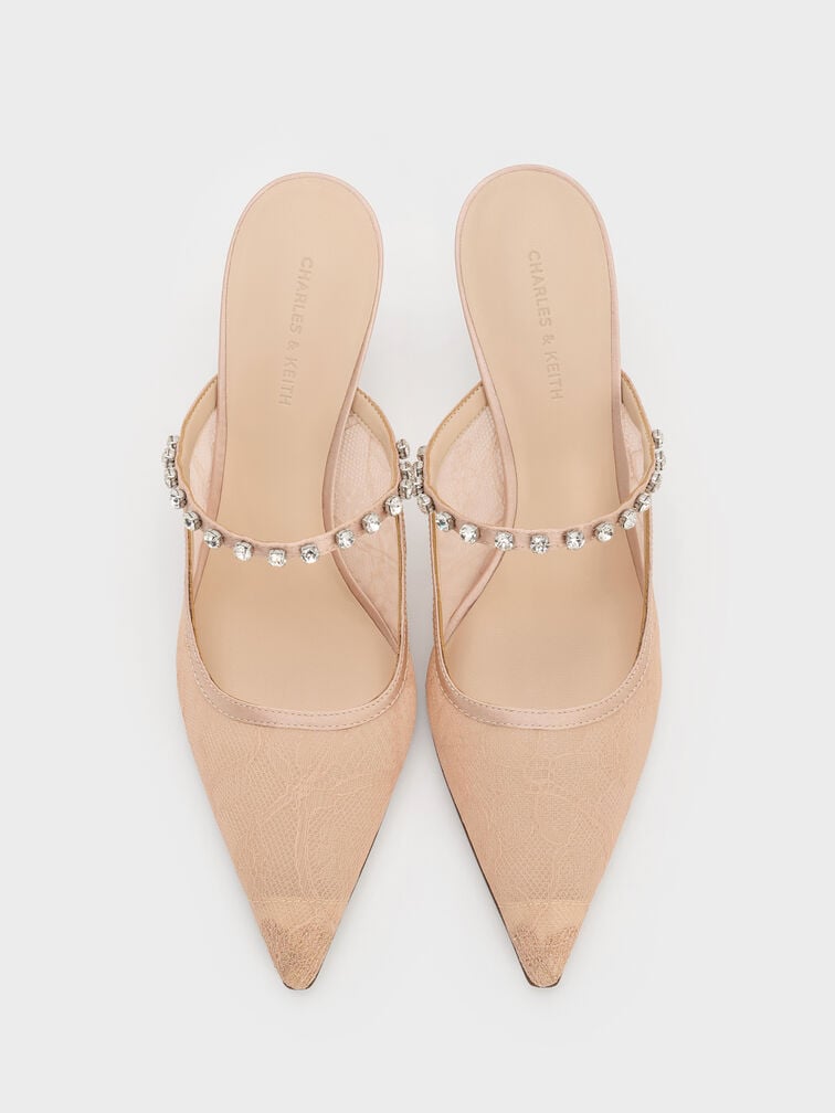 Lace & Satin Crystal Heeled Mules, Nude, hi-res