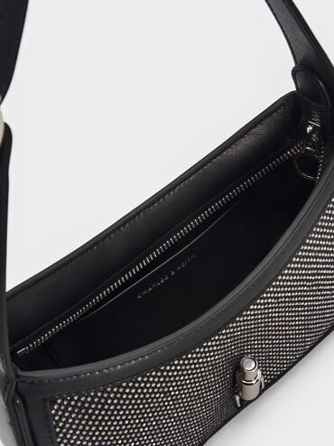 Cesia Satin Crystal-Embellished Metallic-Accent Shoulder Bag, Lustrous Noir, hi-res