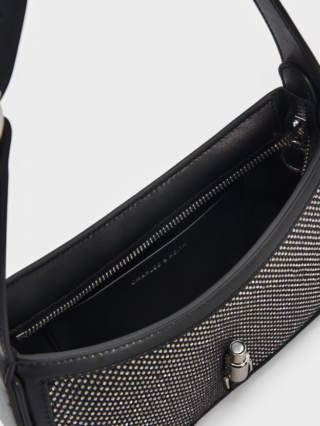 Cesia Satin Crystal Metallic-Accent Shoulder Bag, Lustrous Noir, hi-res
