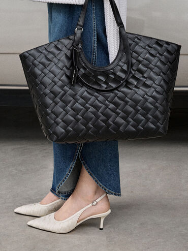 Ivette Woven Tote Bag, Noir, hi-res