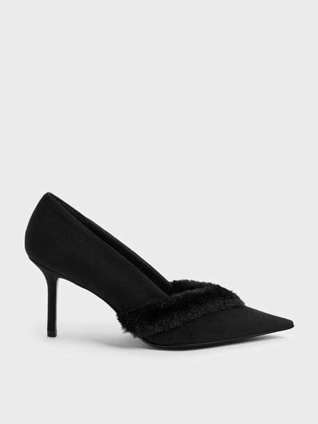 Emila Faux Suede Fur-Trim Pointed Pumps, Black Textured, hi-res
