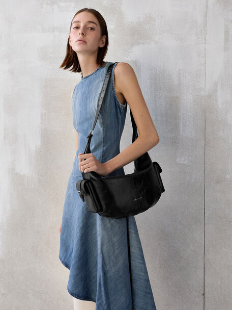 Large Bessie Side-Pocket Hobo Bag, Noir, hi-res