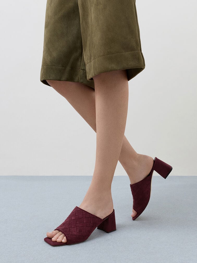 Ivette Faux Suede Woven Square-Toe Heeled Mules, Burgundy, hi-res