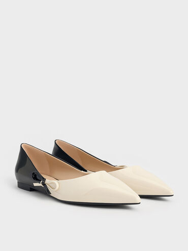 Two-Tone Bow Pointed-Toe Flats, Chalk, hi-res