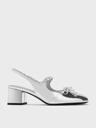 Metallic Bow Crystal-Pearl Slingback Mary Jane Pumps, Silver, hi-res