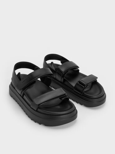 Double-Strap Ridged-Sole Flatform Sandals, Black, hi-res
