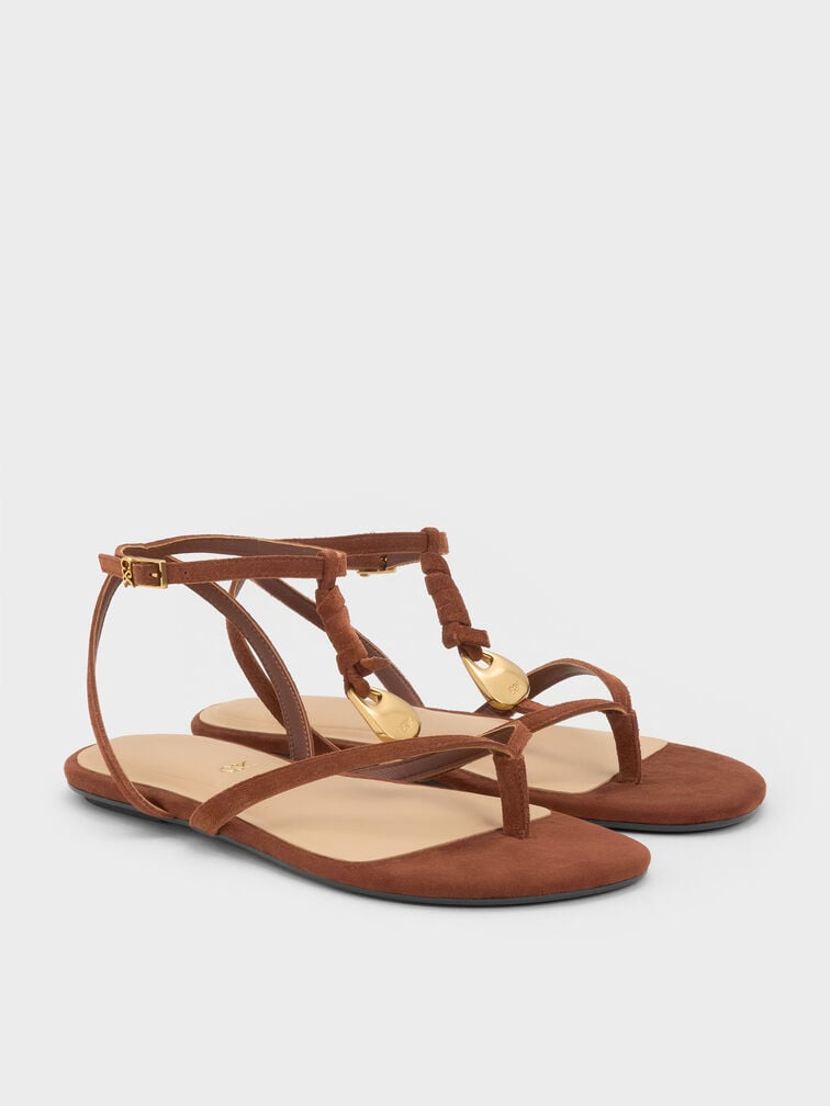Adema Leather Strappy Thong Sandals, Brown, hi-res
