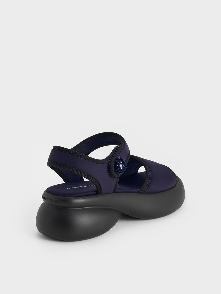 Flower-Buckle Platform Sports Sandals, Dark Blue, hi-res