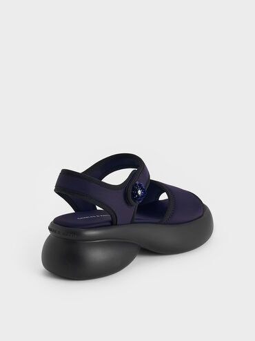Flower-Buckle Platform Sports Sandals, Dark Blue, hi-res