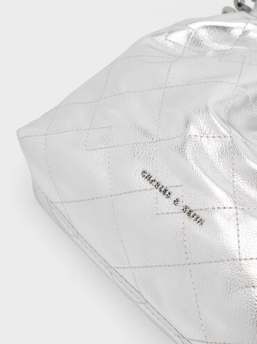 Duo Metallic Chain-Handle Two-Way Backpack, Silver, hi-res