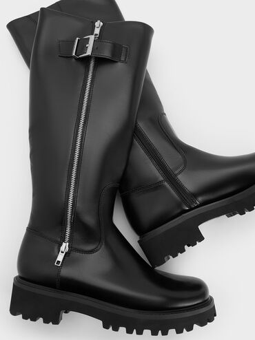 Lyndon Buckled Side-Zip Knee-High Boots, Black, hi-res